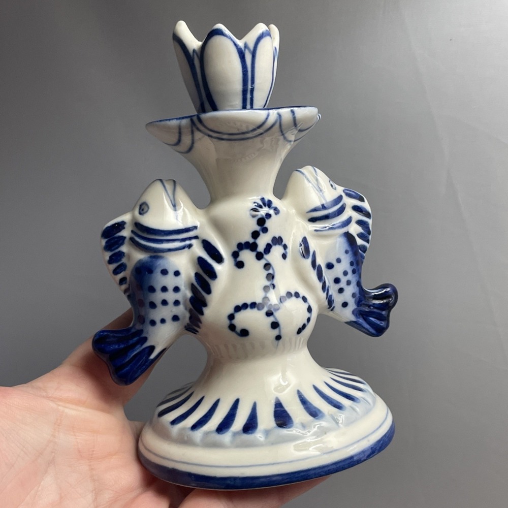 Gzhel Porcelain Russian Candlestick Hand Painted Blue & White Fish Theme Vintage - Picture 3 of 13